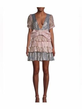 LoveShackFancy Pink and Blue Gingham Tiered Ruffle Mini Dress with Bow